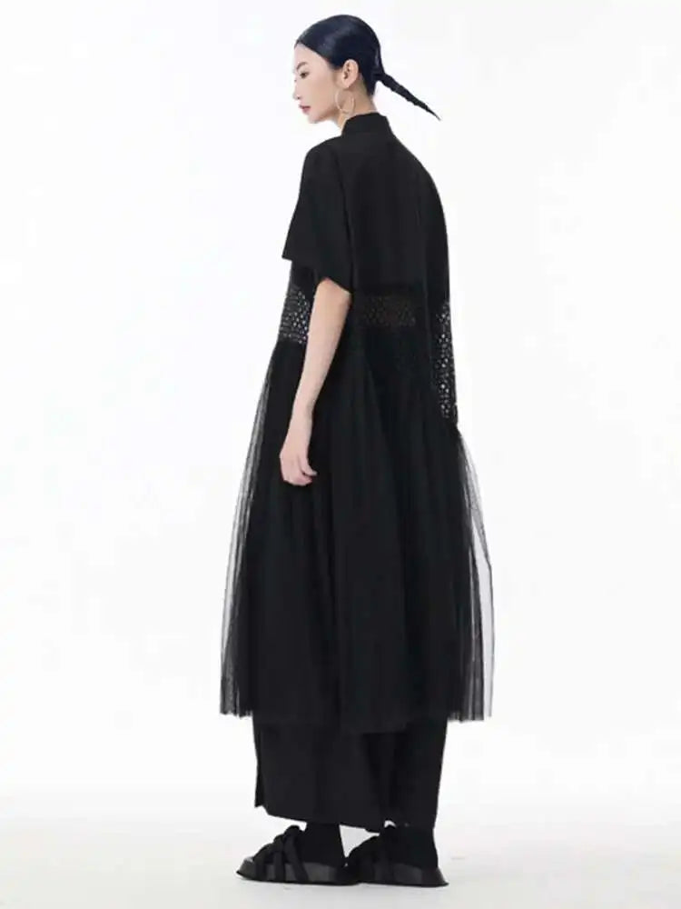 Women White Mesh Color-block Big Size Midi Shirt Dress New Lapel Short Sleeve Fashion Tide Spring Summer 2025 1DJ0045