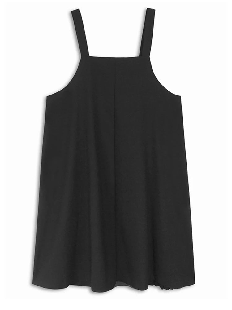 Women Black Color-block Pleated Big Size  Strap Dress New Square Collar Sleeveless Fashion Tide Spring Autumn 2025 1DH6342