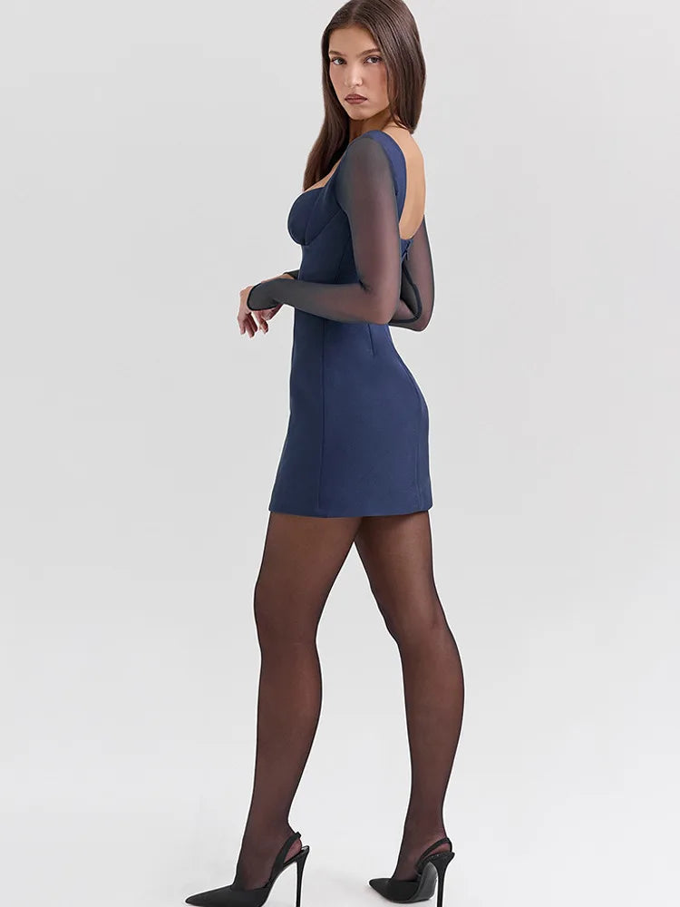 Elegant Long Sleeve Mesh Patchwork Zipper Tight Dress Women Sexy Deep V-Back Short Skirt Party Club Evening Dress 2025