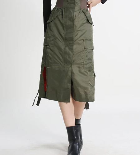 Patchwork Pockets Skirt For Women High Waist Straight Streetwear Midi Skirts Female Clothing Fashion Style