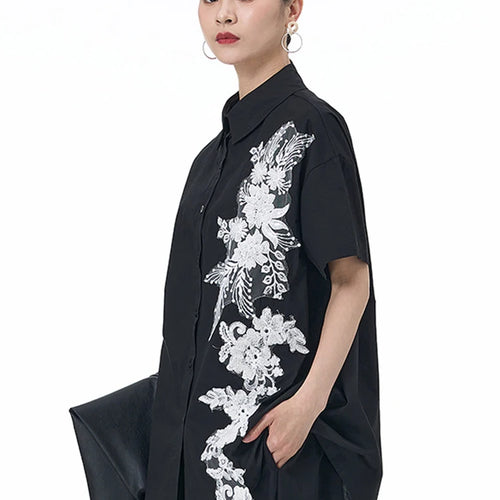 Load image into Gallery viewer, Women Black Appliques Irregular Big Size Casual Blouse New Lapel Short Sleeve Shirt Fashion Spring Summer 2025 1DJ1501
