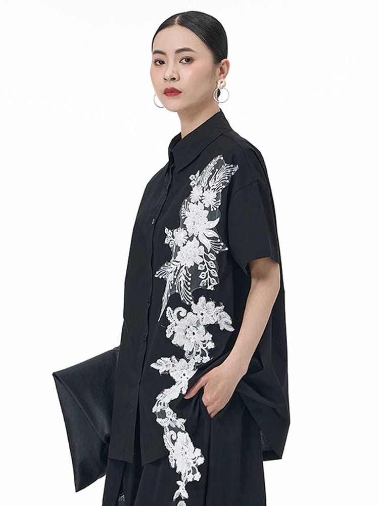 Women Black Appliques Irregular Big Size Casual Blouse New Lapel Short Sleeve Shirt Fashion Spring Summer 2025 1DJ1501