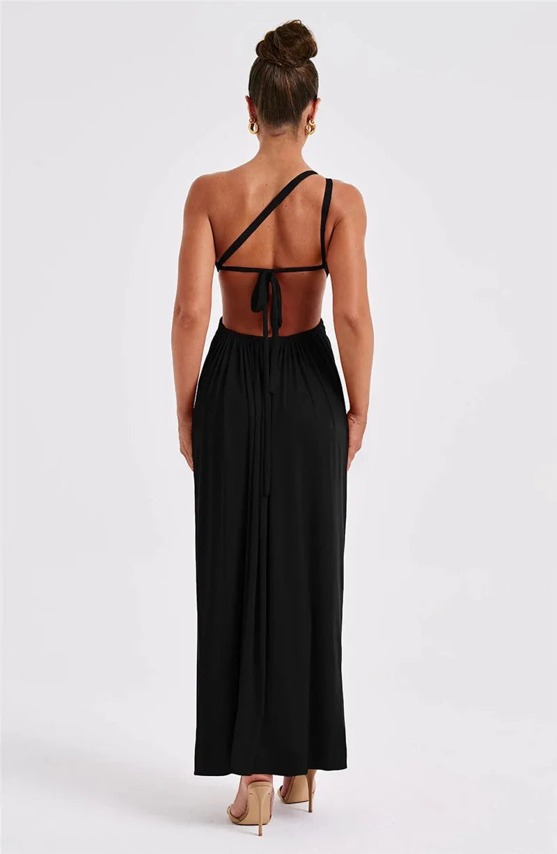 One Shoulder Diagonal Collar Backless Sexy Maxi Dress For Women Robe Fashion Off-shoulder Sleeveless High Split Dress