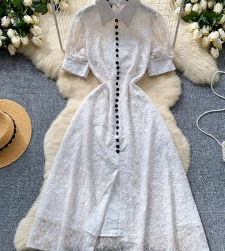 Summer French Retro White Lace Elegant Short Sleeve Long Dress For Women High Waist Slim Button Designer Party Princess Dresses