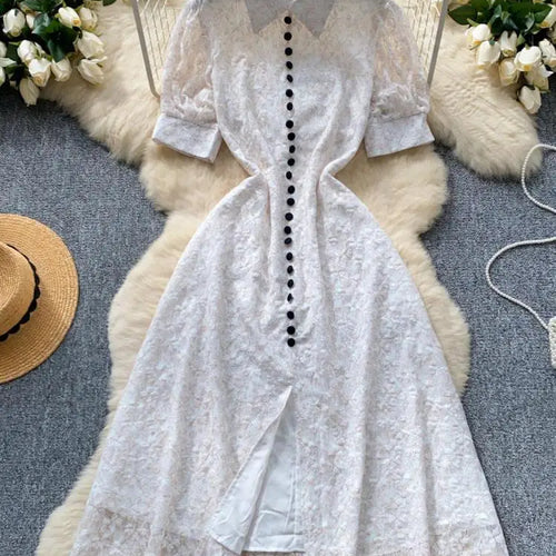 Load image into Gallery viewer, Summer French Retro White Lace Elegant Short Sleeve Long Dress For Women High Waist Slim Button Designer Party Princess Dresses
