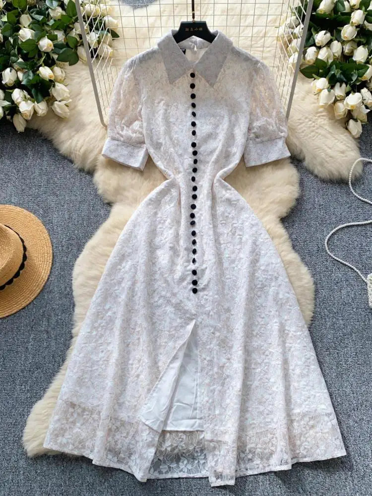 Summer French Retro White Lace Elegant Short Sleeve Long Dress For Women High Waist Slim Button Designer Party Princess Dresses