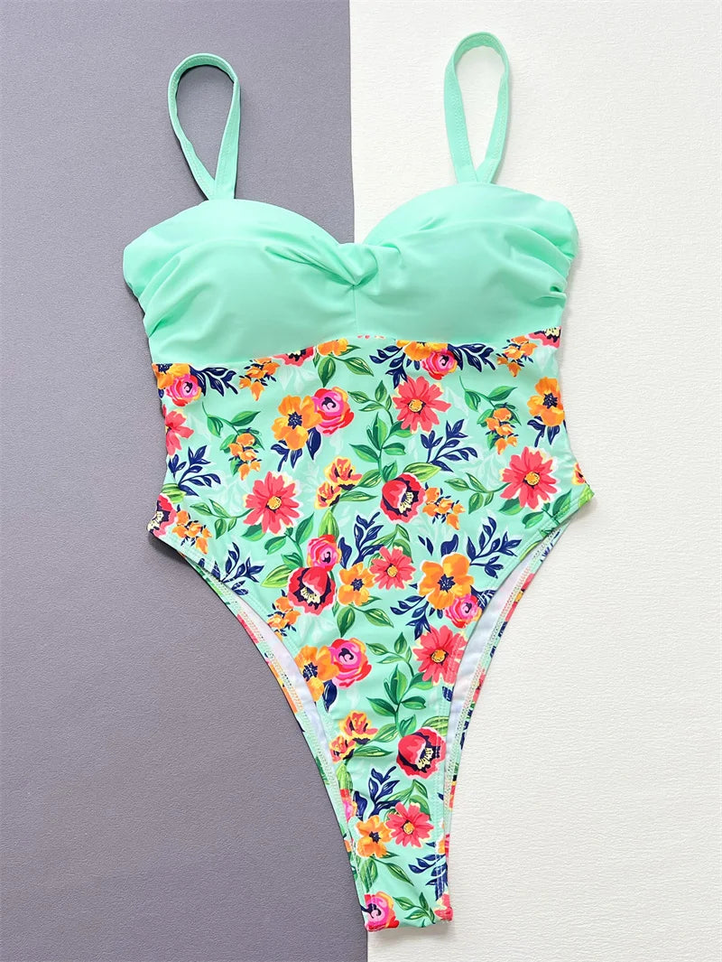 Floral One Piece Swimsuit 2025 Swimwear for Women Sexy Flower Print Bandeau Bathing Suit High Waist Monokini