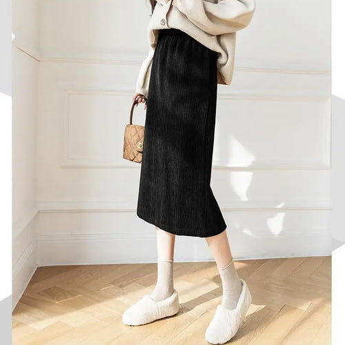 Load image into Gallery viewer, Korean Fashion Black White Elegant Office Thick Skirt Women Autumn Winter Brown Slim High Waist Velvet Knitted Long Skirts Trend
