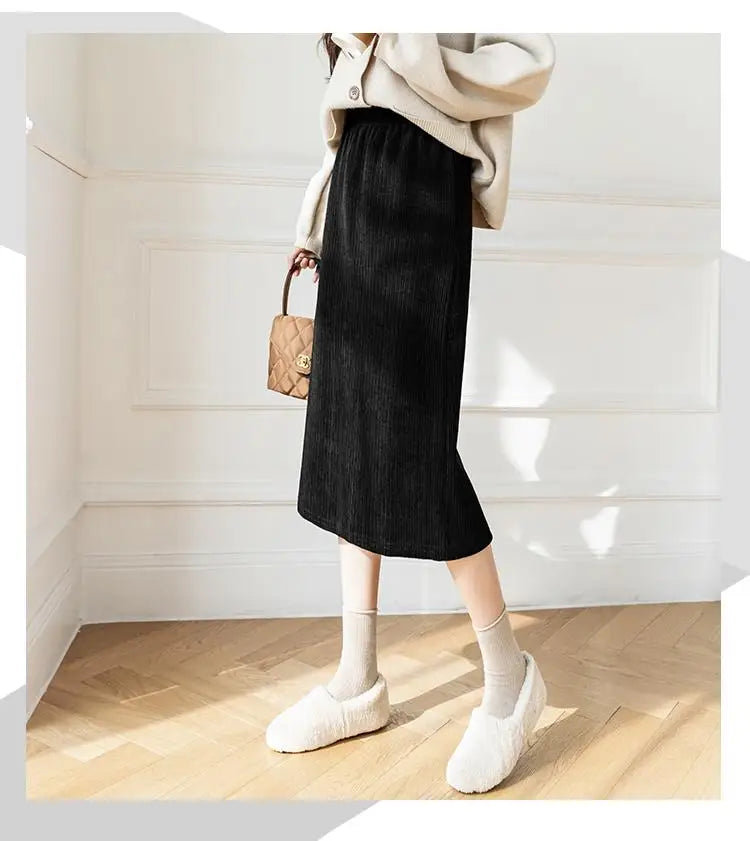 Korean Fashion Black White Elegant Office Thick Skirt Women Autumn Winter Brown Slim High Waist Velvet Knitted Long Skirts Trend