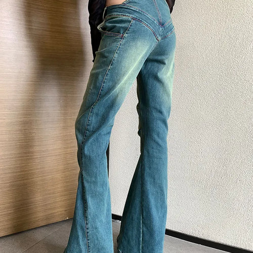 Load image into Gallery viewer, Hollow Out Chic Denim Pants For Women High Waist Patchwork Folds Slimming Casual Flare Pants Female Fashion Clothes
