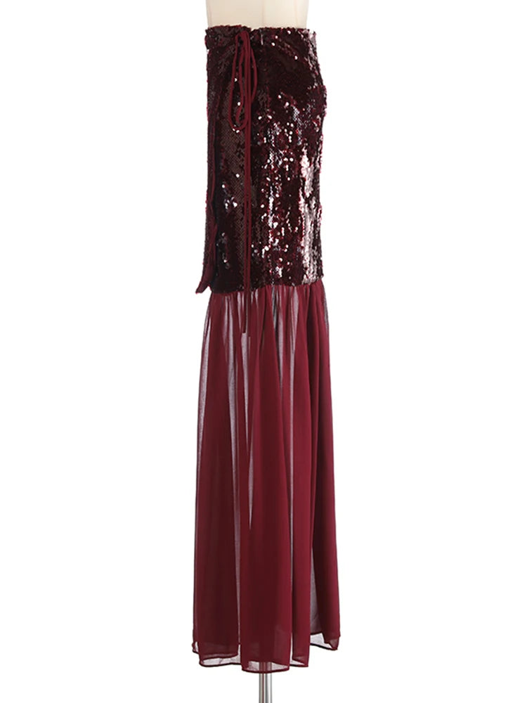 High Waist Wine Red Sequins False Mesh Long Elegant Half-body Skirt Women Fashion Tide New Spring Autumn 2025 1DH9402