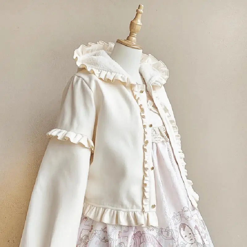 Lolita Cute Jacket Women Japanese Sweet Ruffles Kawaii Coat Tops Thicked Warm Cropped Hooded  2025 Chaqueta Mujer
