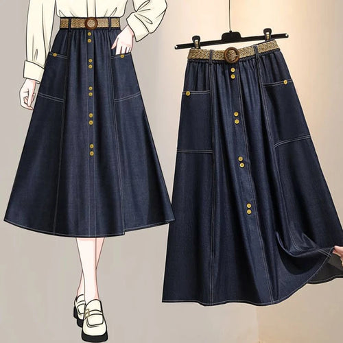 Load image into Gallery viewer, Spring Summer Vintage Blue Single Breasted Party Pleated Denim Midi Skirt Women Elastic High Waist Large Size Pockets Jean Skirt
