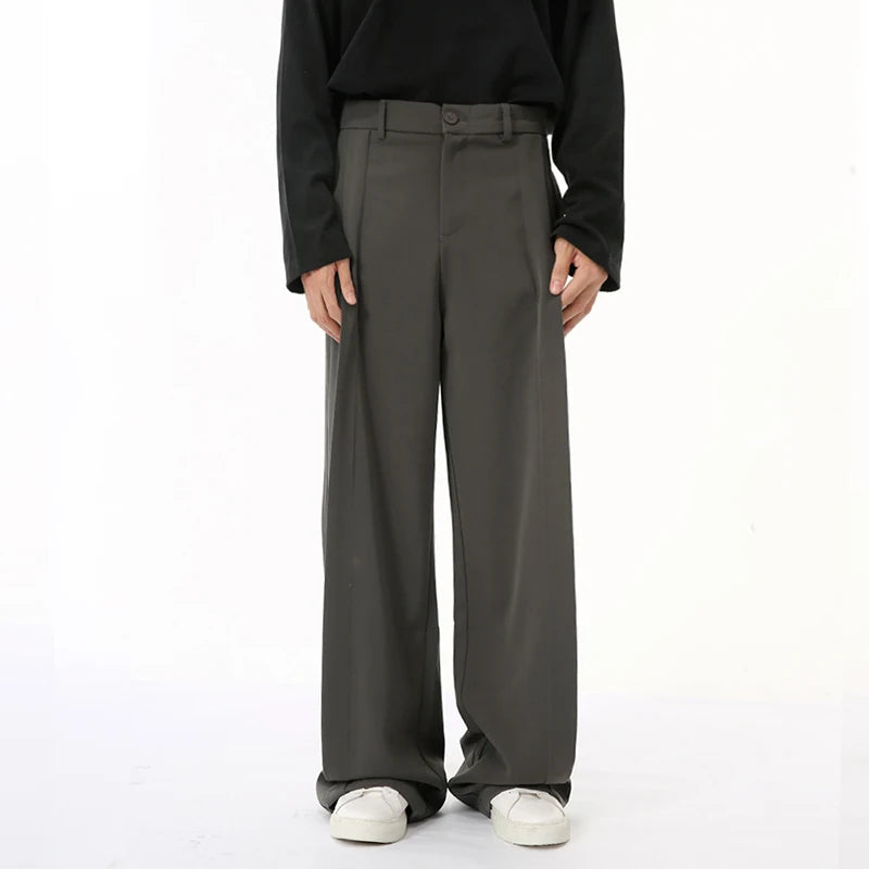 Korean Style Men's Suit Pants Pleated Straight Wide Leg Male Trousers Solid Color Loose Bottom Simple 9C6832