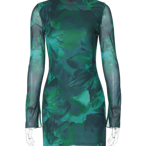 Load image into Gallery viewer, Turtleneck Long Sleeve Floral Print  Patchwork Slit Zip Up Sexy Bodycon Mini Dress Women Streetwear Party Outfits Y2K
