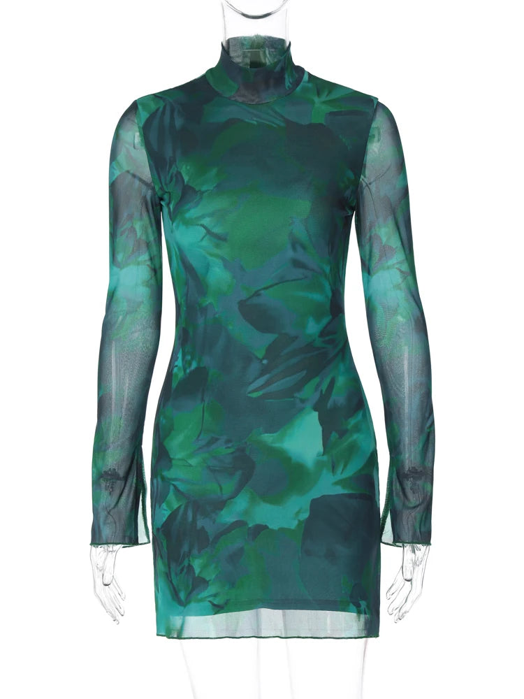 Turtleneck Long Sleeve Floral Print  Patchwork Slit Zip Up Sexy Bodycon Mini Dress Women Streetwear Party Outfits Y2K