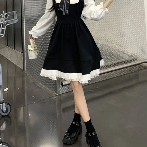 Load image into Gallery viewer, Korean Style School Black Dress Sweet Japanese Harajuku Kawaii Cute Peter Pan Collar Dresses Autumn Winter
