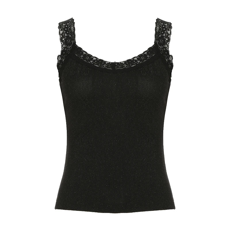 Fashion Black Lace Patchwork Skinny Camis Women Sleeveless Y2K Aesthetic Vintage Party Crop Tops Bling Clubwear Basic