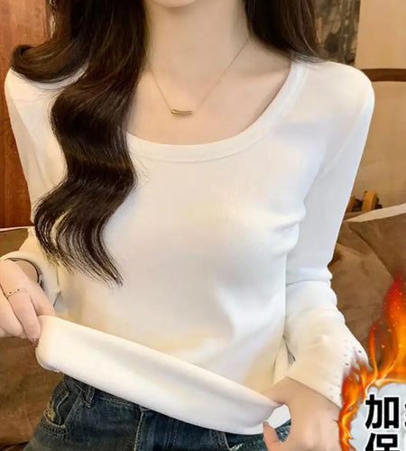 Solid O Neck Long Sleeve Shirt Women Autumn Winter Bottoming Tops Casual Slim Basic Velvet T-shirt 2024 Simplicity Popular Trend
