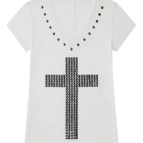 Load image into Gallery viewer, 2025 Y2k Aesthetic Women Casual T-shirt Vintage Cross Beading Streetwear Grunge Tshirts Harajuku Gothic Loose Vintage Tees Femme
