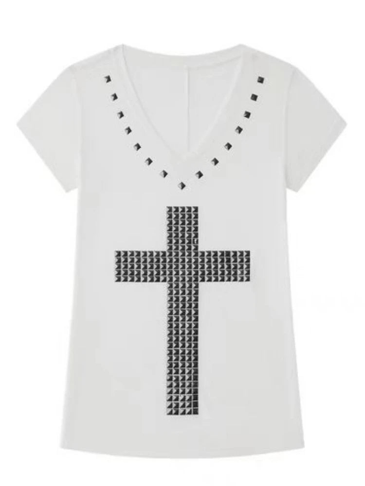 2025 Y2k Aesthetic Women Casual T-shirt Vintage Cross Beading Streetwear Grunge Tshirts Harajuku Gothic Loose Vintage Tees Femme