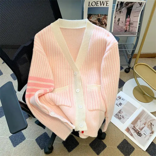 Load image into Gallery viewer, Pink Striped Single Breasted Cotton Sweater Women 2024 Autumn Winter New Blue Patchwork V-neck Knit Cardigan Tops Versatile Chic
