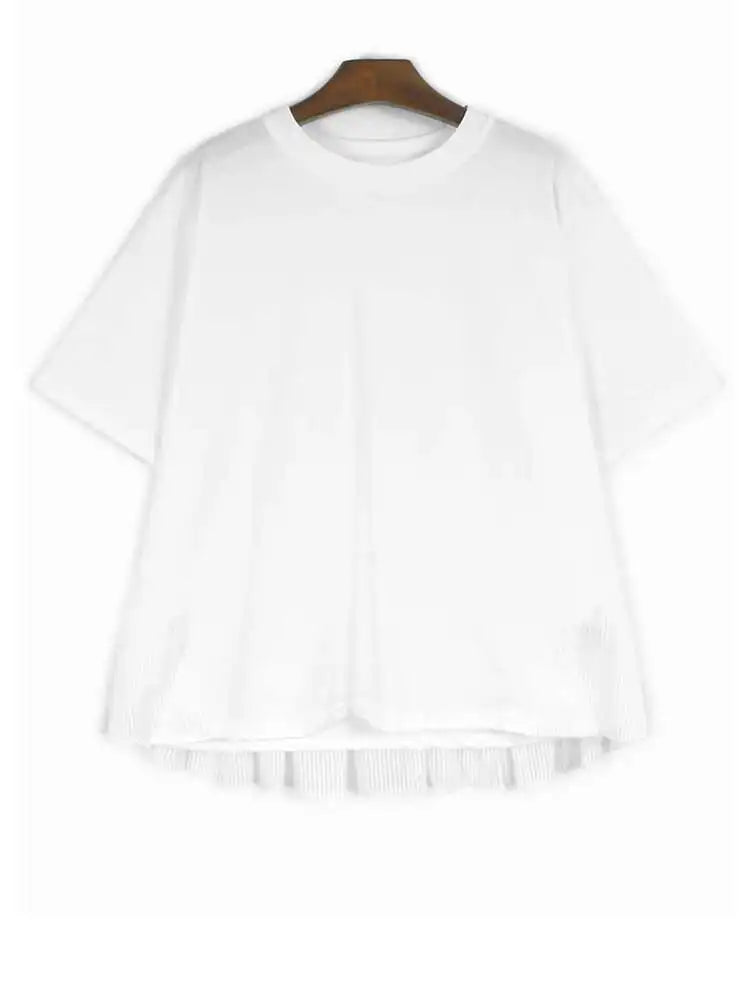 Women Blue Back Mesh Ruffles Big Size Casual T-shirt New Round Neck Short Sleeve Fashion Tide Spring Summer 2025 1DJ0181