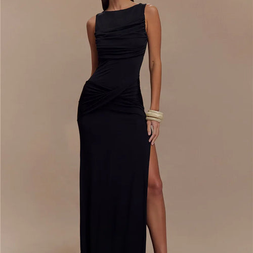 Load image into Gallery viewer, Backless Ruched Sexy Maxi Tank Dress Women Gown Summer New O Neck Thigh High Split Bodycon Elegant Long Dress Fashion
