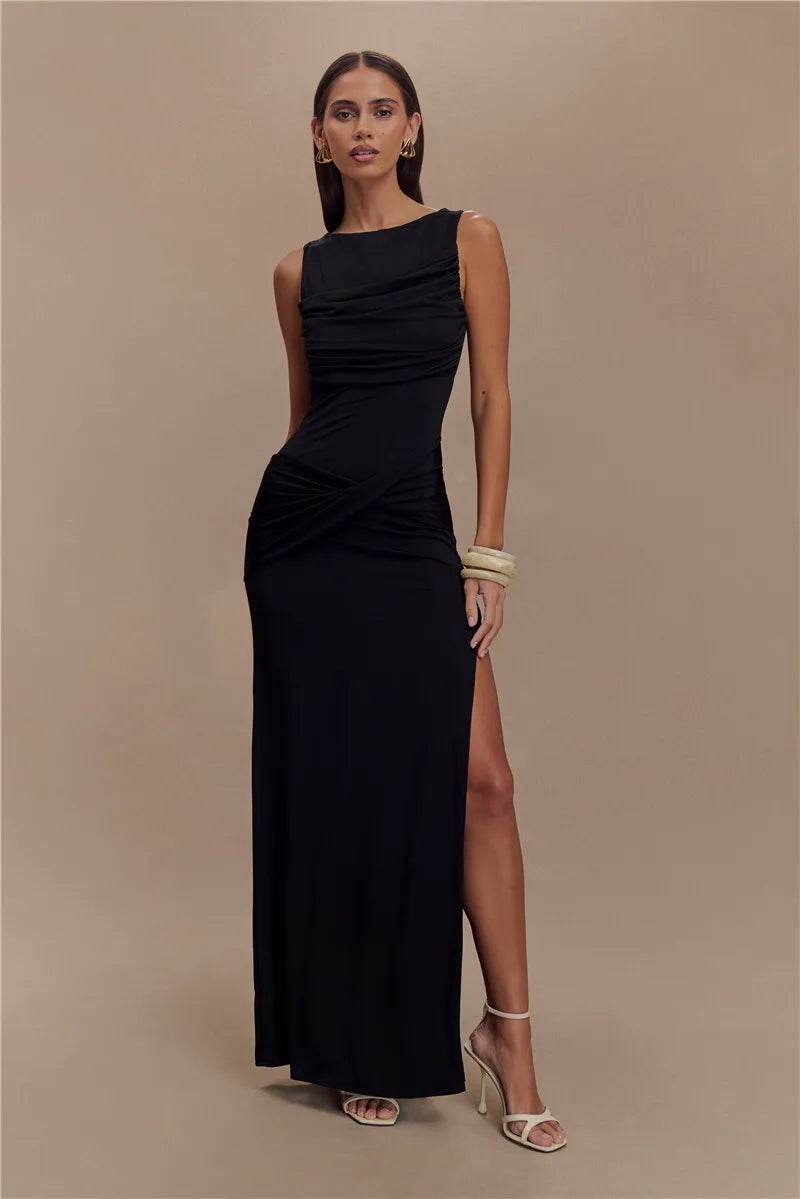 Backless Ruched Sexy Maxi Tank Dress Women Gown Summer New O Neck Thigh High Split Bodycon Elegant Long Dress Fashion