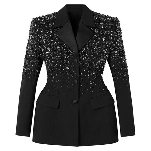 Load image into Gallery viewer, Solid Spliced Diamonds Slim Blazers For Women Notched Collar Long Sleeve Tunic Patchwork Button Chic Coat Female
