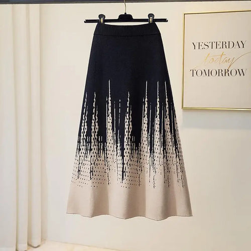 Load image into Gallery viewer, Korean Vintage 2024 Autumn Winter New Elegant Print Crochet Knit Long Skirt Women Casual Thick High Waist Pack Hip A-line Skirts
