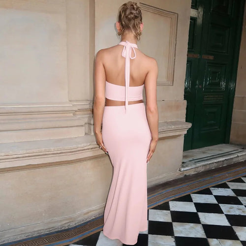 Load image into Gallery viewer, Elegant Summer 2 Piece Sets Women Metal Ring Crop Tops And Maxi Skirt Female Fashion Solid Lace-up Beach Two Piece Sets
