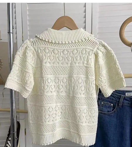Korean 2023 Summer Hollow Out White Turn-down Collar Women Female Short Sleeve Top Casual Pullover Knit Crochet Clothes Simple