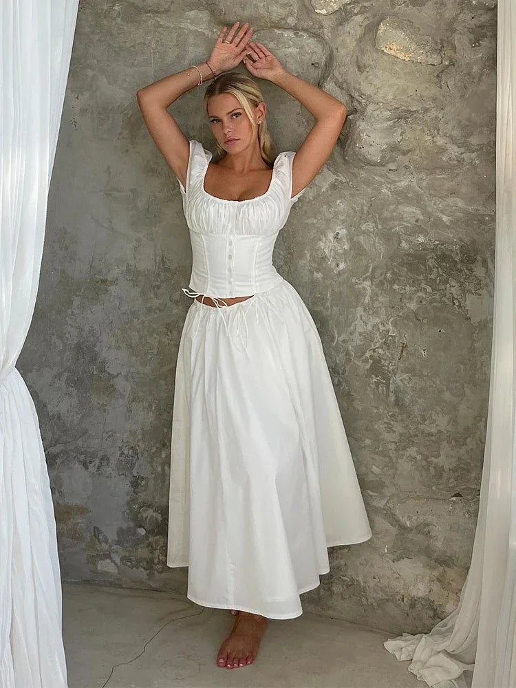 White Cropped Corset Tops Cotton Sexy Short Puff Sleeve T-Shirts Blouse Womens Clothing 2023 Drawstring Tees