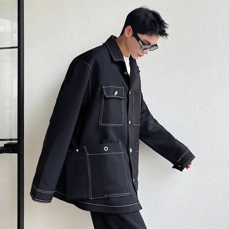 Men's Jacket New Open Line Solid Color Design Korean Turn-down Collar Multi Pockets Handsome Suit Jackets Spring 9W1520