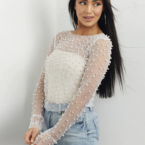 Load image into Gallery viewer, Pearl Mesh See Through T-shirt Women Fashion Long Sleeve Pullover Blouse Ladies Summer U Neck Sexy Tee Shirt Tops
