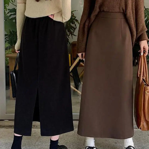 Load image into Gallery viewer, Autumn Brown Woolen Straight Long Skirts Women Black Casual Elegant Females Warm A-line Elastic High Waist Skirt Korean Fashion
