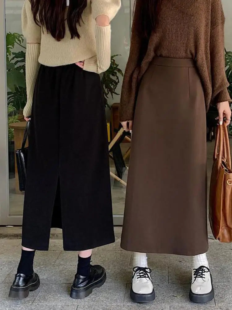 Autumn Brown Woolen Straight Long Skirts Women Black Casual Elegant Females Warm A-line Elastic High Waist Skirt Korean Fashion