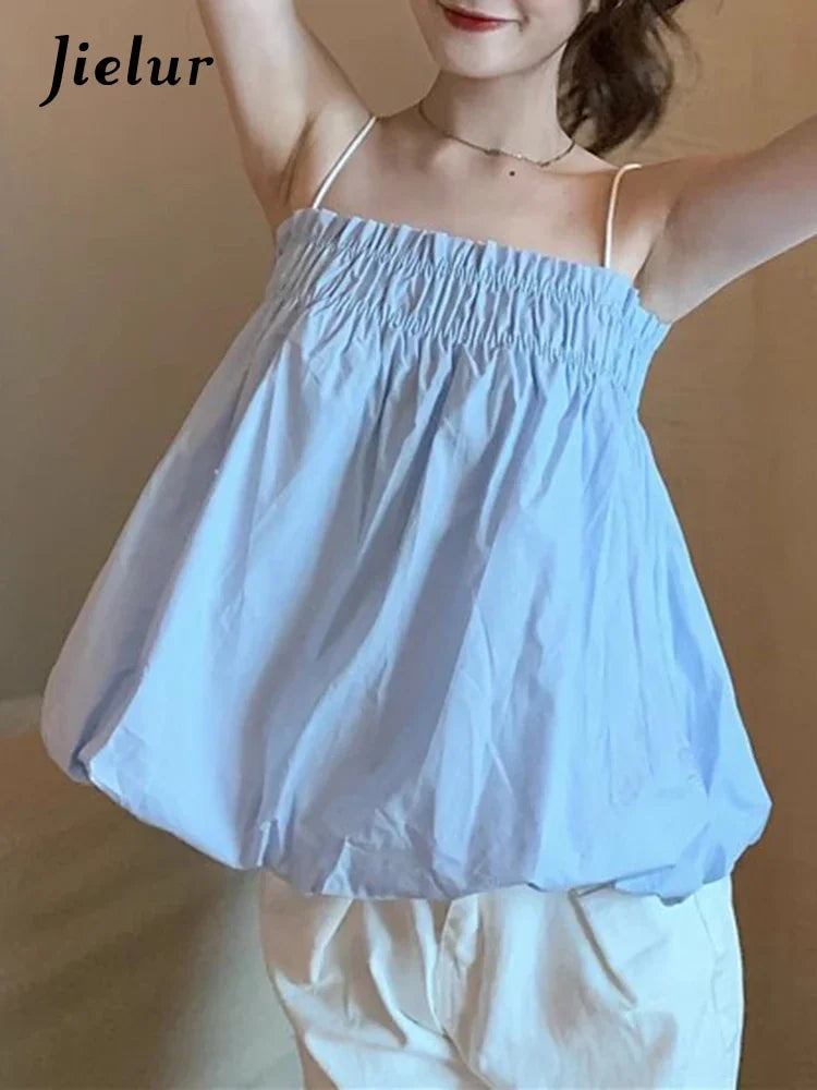 Pleated Loose Sexy Summer Female Camis Solid Color Slash Neck Women's Tanks Blue White Black Casual Fashion Women Camis