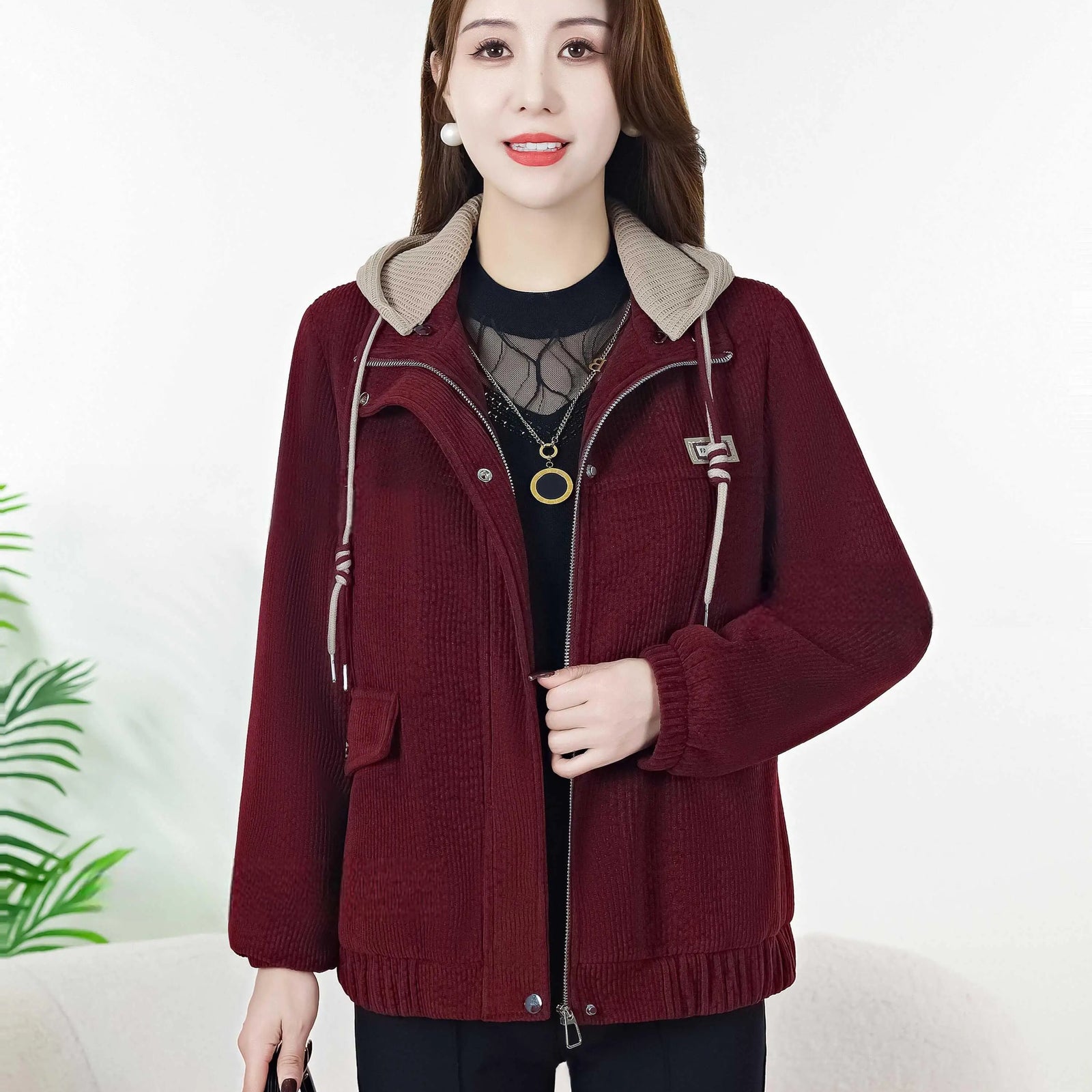 Korean Autumn Winter Black Brown Velvet Thick Zipper Short Coat For Women 2024 Popular Trend Red Loose Casual Hooded Tops Jacket