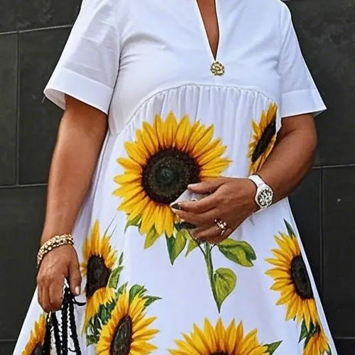 Load image into Gallery viewer, Qomen&#39;s Leisure Fashion Sunflower Print Midi Dresses 2025 Summer Appliques Loose V-Neck Pleated A-line Dress for Woman
