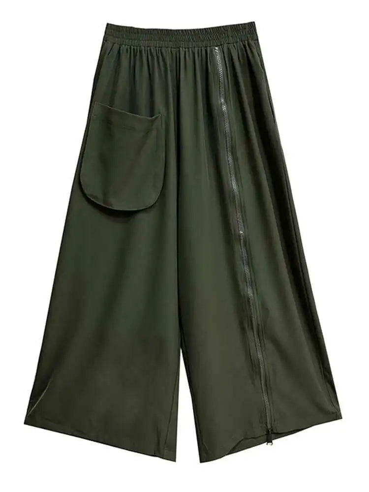 High Elastic Waist Army Green Zipper Slit Long Wide Leg Pants New Trousers Women Fashion Tide Spring Autumn 2025 1DH5683
