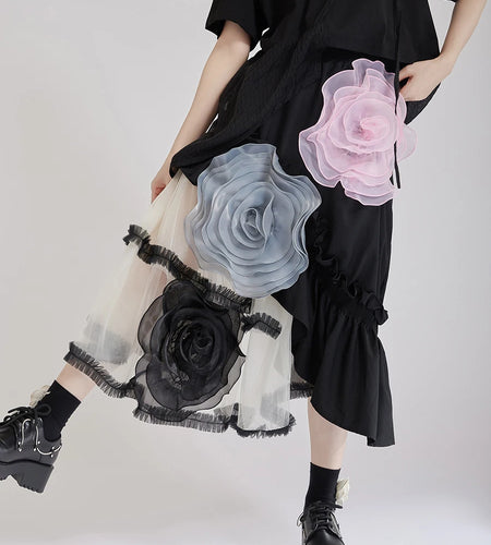 Hit Color Sheer Spliced Mesh Irregular Skirts for Women High Waist Patchwork 3D Flower Design Sense Skirt Female