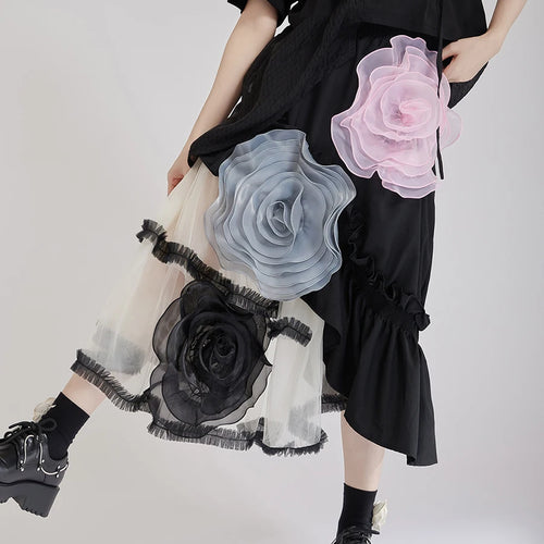 Load image into Gallery viewer, Hit Color Sheer Spliced Mesh Irregular Skirts for Women High Waist Patchwork 3D Flower Design Sense Skirt Female
