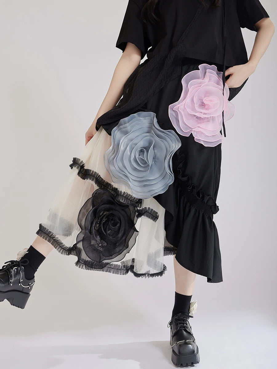 Hit Color Sheer Spliced Mesh Irregular Skirts for Women High Waist Patchwork 3D Flower Design Sense Skirt Female