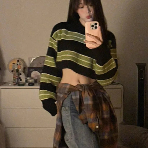 Load image into Gallery viewer, Y2k Sexy Girl Cropped Sweater Women Thin Loose Striped Pullover Korean Fashion Harajuku Streetwear Vintage Jumper Fairy Sueter
