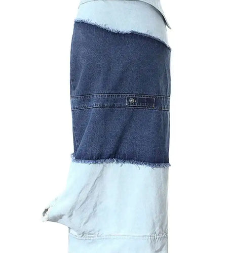 High Waist Blue Denim Fold Color-block Burr Casual Half-body Skirt Women Fashion Tide New Spring Autumn 2025 7AB6481