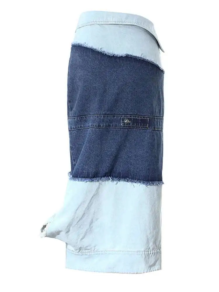High Waist Blue Denim Fold Color-block Burr Casual Half-body Skirt Women Fashion Tide New Spring Autumn 2025 7AB6481