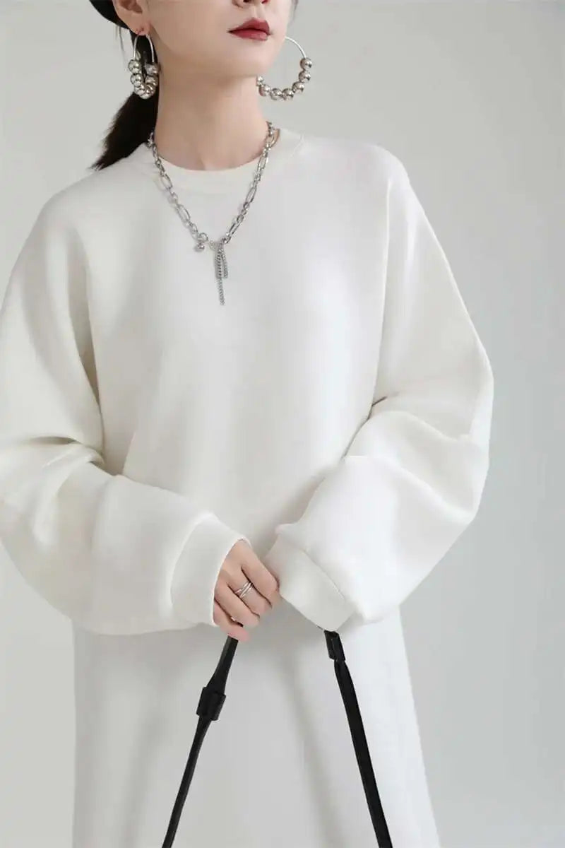 Women White Big Size Shaped Long Dress New Round Neck Long Sleeve Loose Fit Fashion Tide Spring Autumn 2025 1DE4098