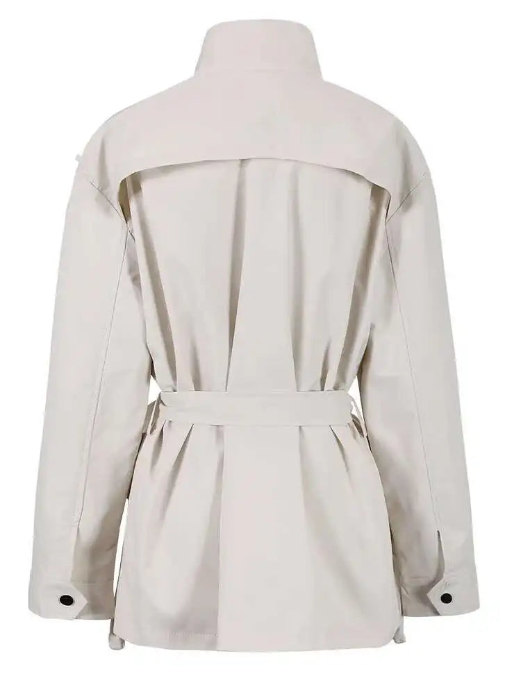 Women Beige Belted Big Size Trench New Stand Collar Long Sleeve Loose Windbreaker Fashion Tide Spring Autumn 2025 CPG0719